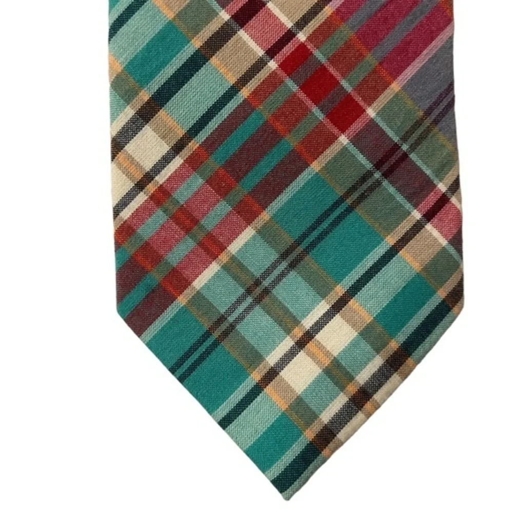 J. Crew 100% cotton madras plaid tie, turquoise, red white summer